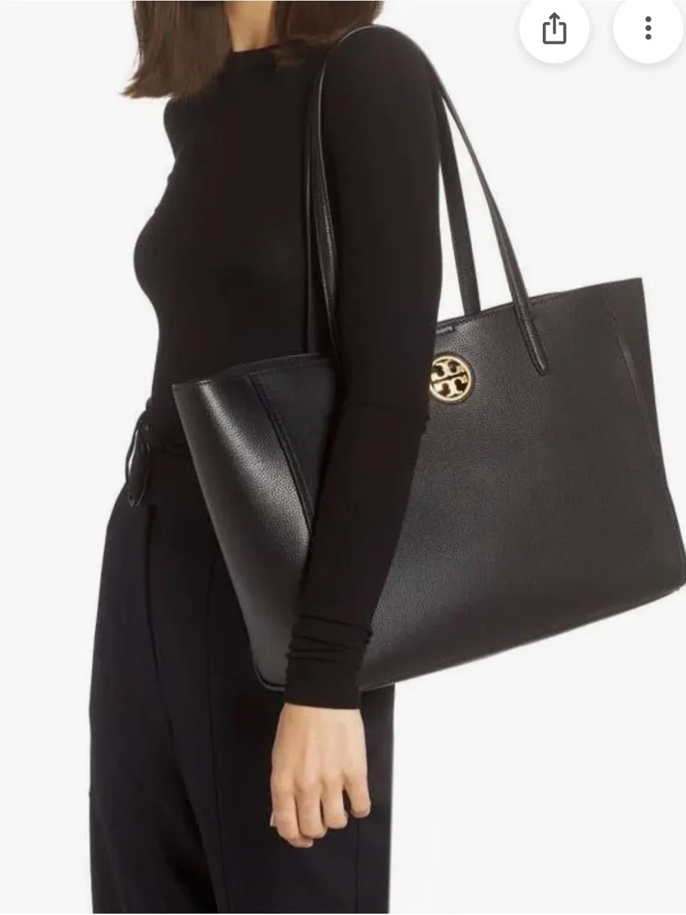 Authentic Tory Burch Carson Black Pebble Leather Gold Logo Large Shoulder Tote